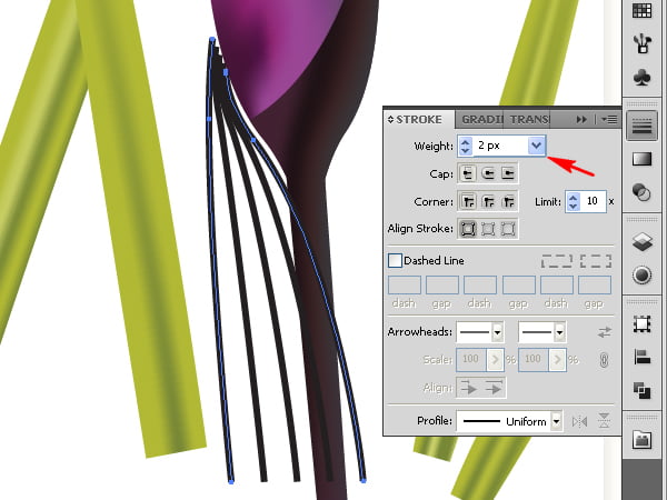 Select this blend and go to the Stroke palette in order to increase the Stroke Weight.