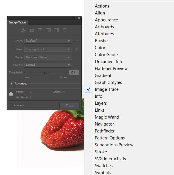 In Adobe Illustrator CS6 the settings of the tracing is in the new Image Trace panel